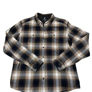 Kuhl Law Flannel Long Sleeve Button Shirt Mens Large Brown Plaid Hiking Outdoors